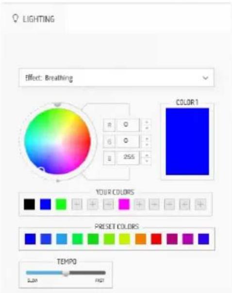 LIGHTING Effect: Breathing COLOR 1 YOUR COLORS PRESET COLORS TEMPO SUM FAST