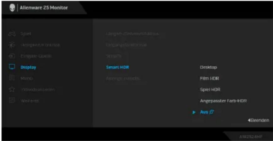 Alienware 25 Monitor Spiel Hörsorge/Verka nsa Eingelke-Quelle Display Menu Individualisierten Wert pres Langen-JSEltumyschaltbis. Lingangsfarmfremult Schäfte Smart HDR Anzahlige zurücks Desktop Film HDR Spiel HDR Angepasster Farb-HDR Aus ? Beenden AW2524HF