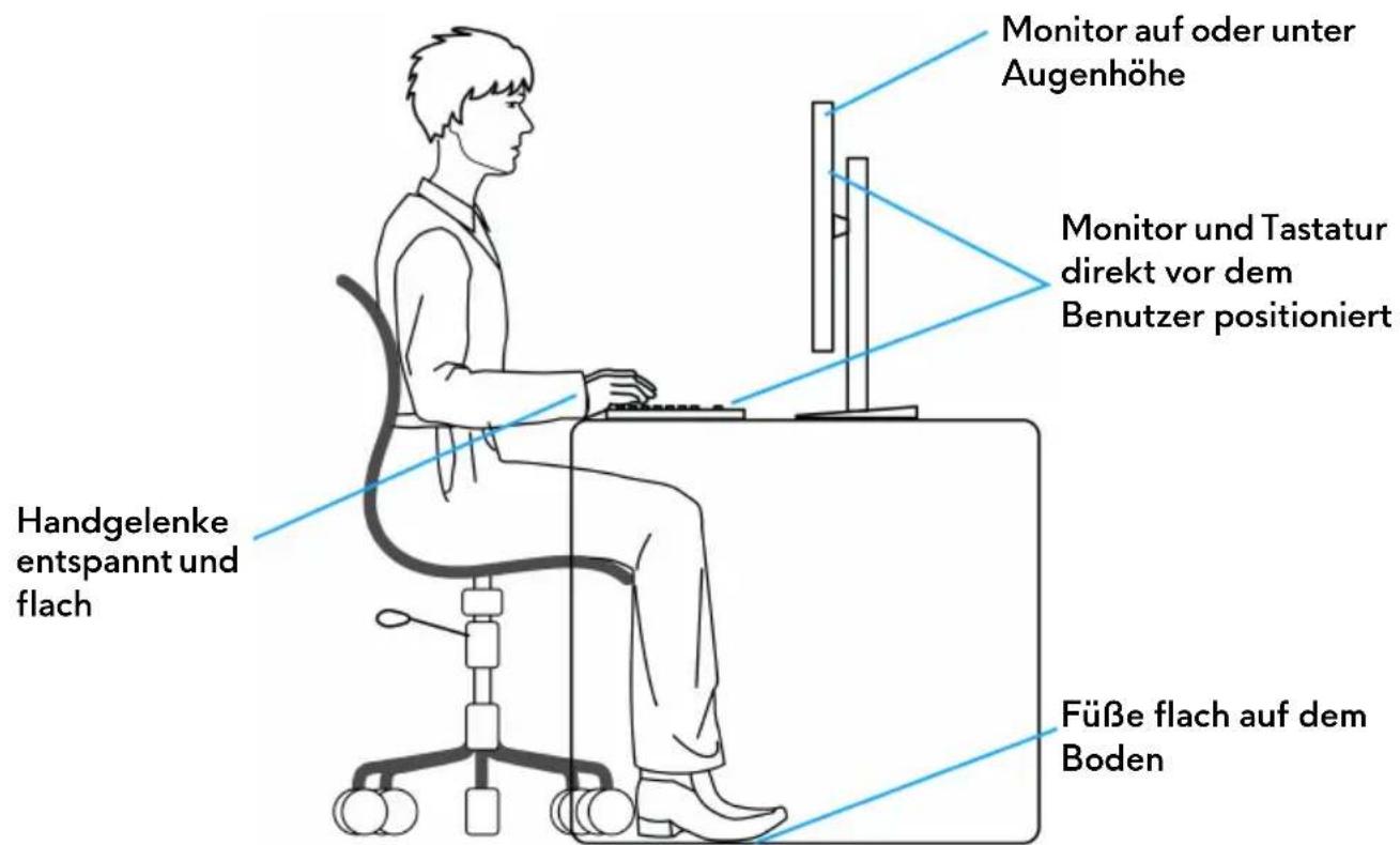 Monitor auf oder unter Augenhöhe Monitor und Tastatur direkt vor dem Benutzer positioniert Handgelenke entspannt und flach Füße flach auf dem Boden
