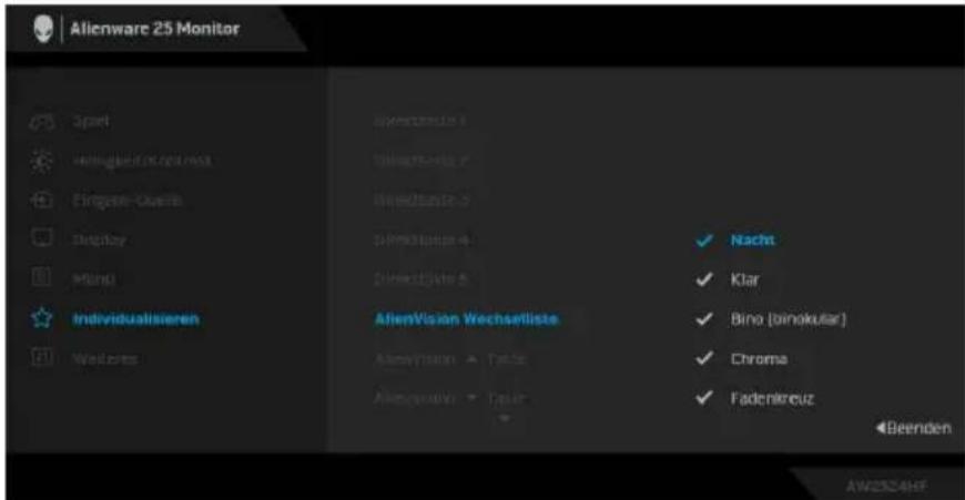 Alienware 25 Monitor Sport Holdingel-03.04.04.04 Eingsten-Guern Display Mishol Individualisieren Werteser Spierzeln Diniklungs Diniklungs Diniklungs Diniklungs Diniklungs AlienVision Wechselliste Nacht Klar Bino (binokular) Chrome Fadenkreuz Beenden AW2324HF