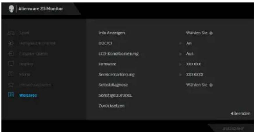 Alienware 25 Monitor Sport Höpinghaus kryttstoff Eingste-Quelle Display Mens Jodverhungsleuten Welteros Info Anzeigen DDC/CI LCD-Konditionierung Firmware Servicemarkierung Selbstdiagnose Sonstige zurücks. Zurücksetzen Wahlen Sie An Aus XXXXXXXX XXXXXXXXX Wahlen Sie Beenden AM2324HF
