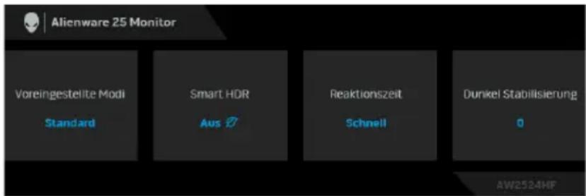 Alienware 25 Monitor Voreingestellte Modi Standard Smart HDR Aus Ø Reaktionszeit Schnell Dunkel Stabillsierung 0 AW2524HF