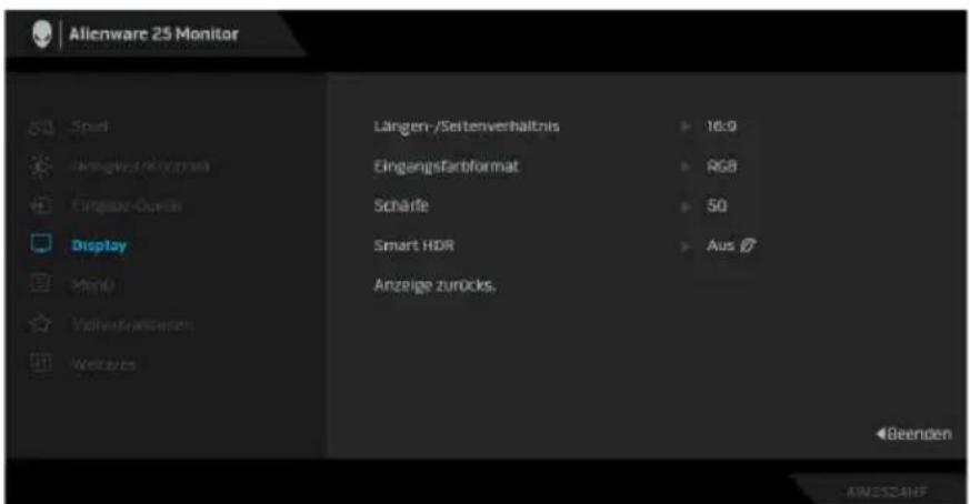 Alienware 25 Monitor Spurl Langungs-Veränderungen Eingangs-Quelle Display Mend Vollveräußerungen Wertes Längen-/Seitenverhaltnis 16:9 EingangsFarbformat RGB Scharfe 50 Smart HDR Aus Ø Anzeige zurücks. Beenden AWESZAHF