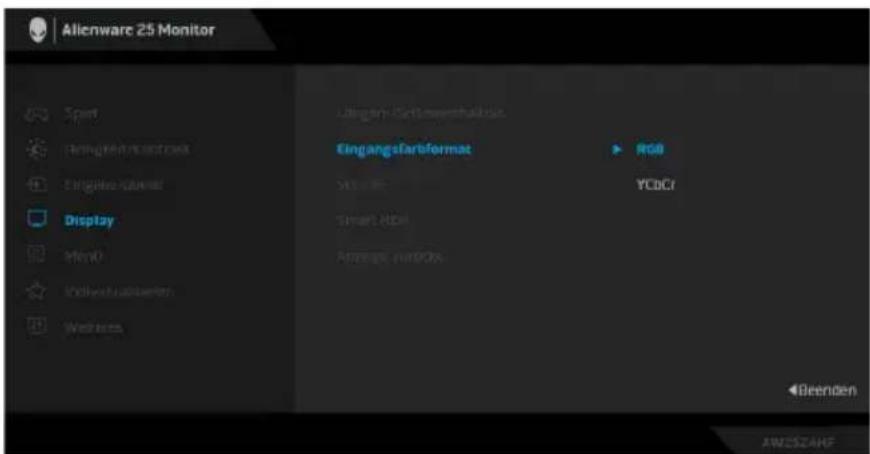 Alienware 25 Monitor Spert Holding screen controls Engage screen Display Mon0 Indirect sounders Westerns Library - Cetuxverhälbeck Eingang startformat RGB YCDCI Smart RGB Average - EuroDks Beenden AWESZAHF