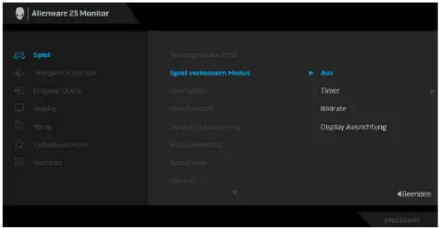 Alienware 25 Monitor Spiel Reinigkeud/monu.nar Eingate-Quelle Display Monü Individualisatoren Westeres Vorsiksgeselite Modus Spiel verbessern Modus Übel Einfell Resetforderzeit Thunlei Statusierung Klausienmodus Aktienition Tortsten Aus Timer Bildrate Display Ausrichtung Beenden AW252AHE