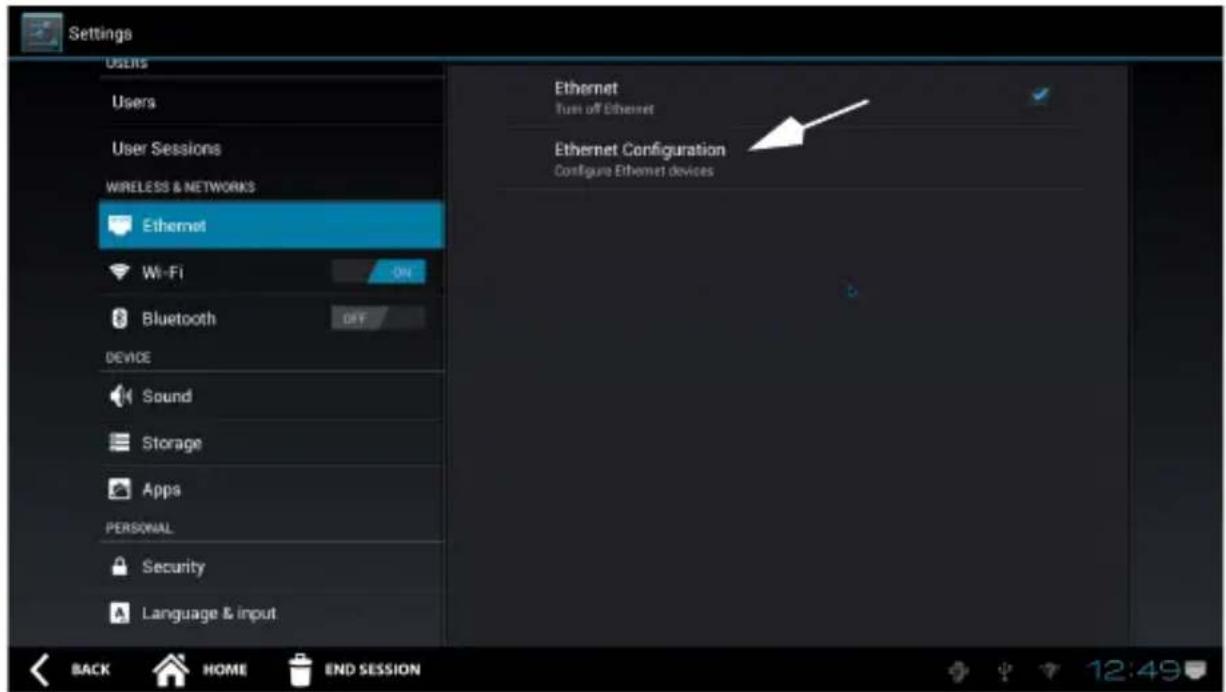 Settings Users Users User Sessions WIRELESS & NETWORKS Ethernet Wi-Fi Bluetooth OFF DEVICE Sound Storage Apps PERSONAL Security Language & input Ethernet Turn off Ethernet Ethernet Configuration Configure Ethernet devices BACK HOME END SESSION 12:49