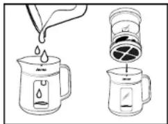 Diagram illustrating a chemical experiment with liquid being poured into a beaker and then into a jar, labeled with 'A' and 'B'.
