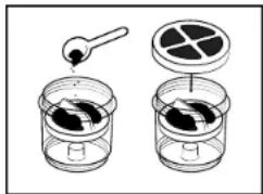 Diagram showing a spoon pouring liquid into two jars with contents, likely illustrating a chemical or food processing procedure.