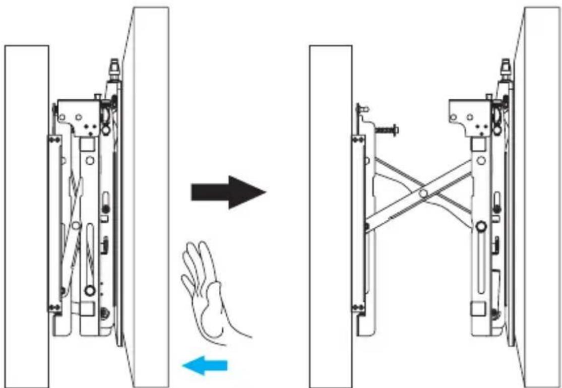 Diagram illustrating a hand gesture interacting with a mechanical device, showing before and after states of movement.