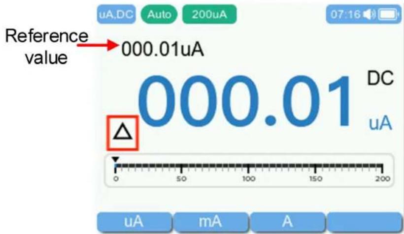 Reference value 000.01uA 000.01 DC uA uA.DC Auto 200uA 07:16 DC uA mA A
