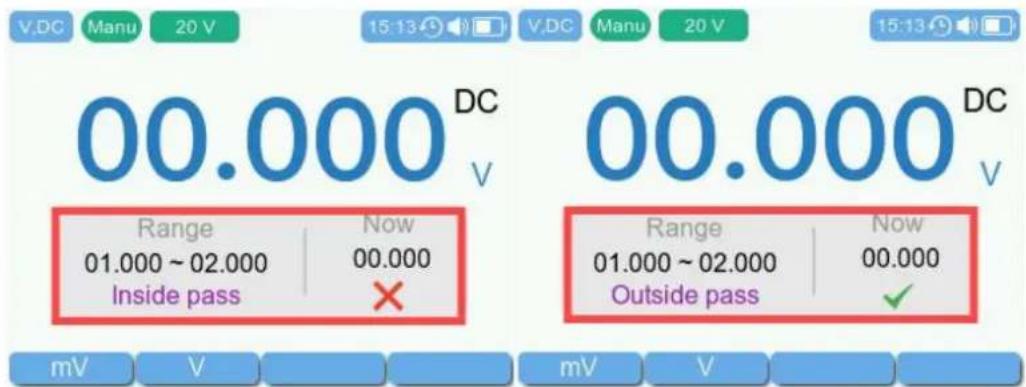 00.000 DC Range Now 01.000 ~ 02.000 00.000 Inside pass × 00.000 DC Range Now 01.000 ~ 02.000 00.000 Outside pass ✓ mV V V V V