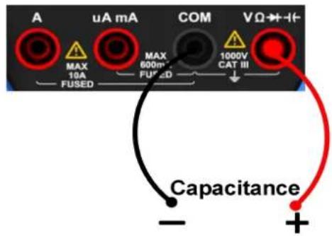 A uA mA COM VΩ→-I+ MAX 10A FUSED MAX 600mA FUSED 1000V CAT III Capacitance - +