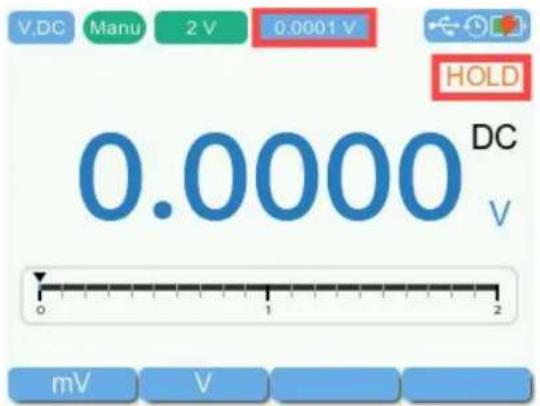 V.DC Manu 2 V 0.0001 V HOLD 0.0000 DC V mV V