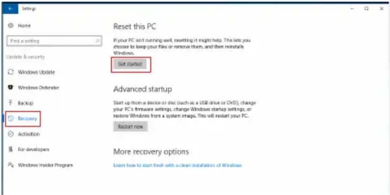 Settings Home Find a setting Update & security Windows Update Windows Defender Backup Recovery Activation For developers Windows Insider Program Reset this PC If your PC isn't running well, resetting it might help. This lets you choose to keep your files or remove them, and then reinstalls Windows. Get started Advanced startup Start up from a device or disc (such as a USB drive or ChVD), change your PC's firmware settings, change Windows startup settings, or restore Windows from a system image. This will restart your PC. Restart now More recovery options Learn how to start fresh with a clean installation of Windows.