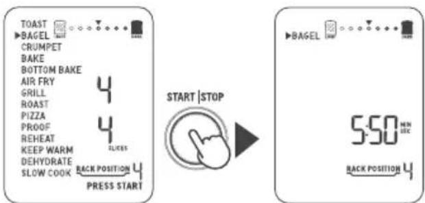 TOAST BAGEL CRUMPET BAKE BOTTOM BAKE AIR FRY GRILL ROAST PIZZA PROOF REHEAT KEEP WARM DEHYDRATE SLOW COOK BACK POSITION 4 PRESS START START | STOP BAGEL 5:50 MIN 100% BACK POSITION 4