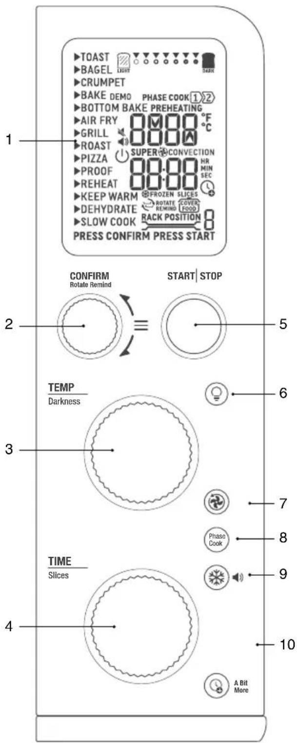 TOAST BAGEL LIGHT CRUMPET BAKE DEMO PHASE COOK 12 BOTTOM BAKE PREHEATING AIR FRY 8800 °F GRILL 8800 °C ROAST SUPER CONVECTION PIZZA 88.00 HR MIN SEC PROOF 88.00 REHEAT KEEP WARM FROZEN SLICES DEHYDRATE ROTATE COVER REMIND FOOD SLOW COOK RACK POSITION PRESS CONFIRM PRESS START CONFIRM Rotate Remind START STOP TEMP Darkness 3 TIME Slices 4 7 Phase Cook 9 A Bit More 10
