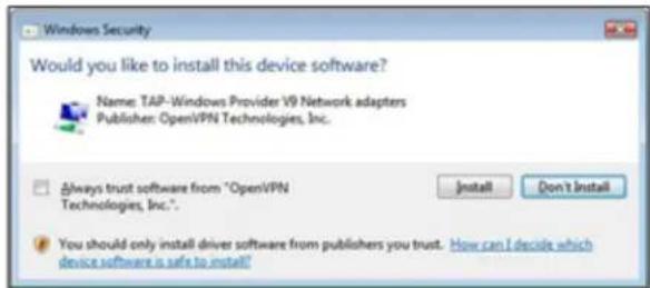Windows Security Would you like to install this device software? Name: TAP-Windows Provider V9 Network adapters Publisher: OpenVPN Technologies, Inc. Always trust software from "OpenVPN Technologies, Inc.". You should only install driver software from publishers you trust. How can I decide which device software is safe to install!