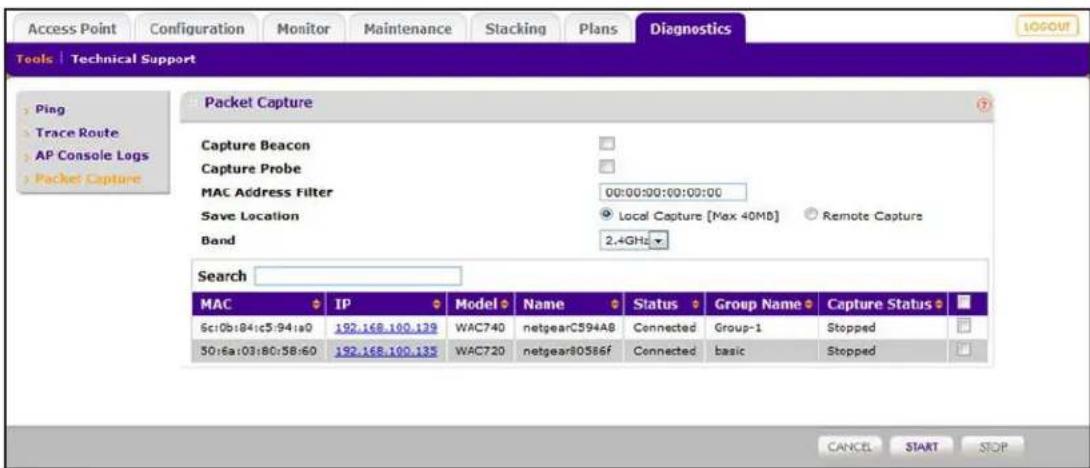 Access Point Configuration Monitor Maintenance Stacking Plans Diagnostics Tools | Technical Support Packet Capture Capture Beacon Capture Probe MAC Address Filter 00:00:00:00:00:00 Save Location Local Capture [Max 40MB] Remote Capture Band 2.4GHz Search MAC IP Model Name Status Group Name Capture Status 6c10b:84:c5:94:a0 192.168.100.139 WAC740 naggearC594AB Connected Group-1 Stopped 50:6a:03:80:58:60 192.168.100.135 WAC720 naggear80586f Connected basic Stopped CANCEL SART SOP