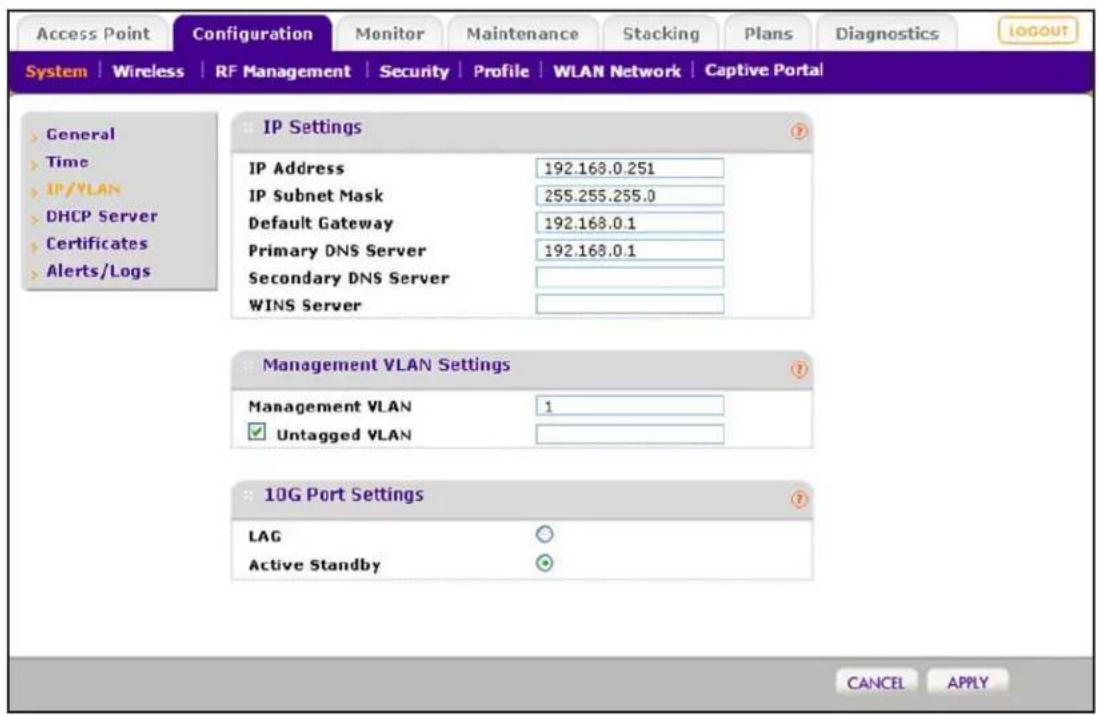 Access Point Configuration Monitor Maintenance Stacking Plans Diagnostics LOGOUT System | Wireless | RF Management | Security | Profile | WLAN Network | Captive Portal General Time IP/VLAN DHCP Server Certificates Alerts/Logs IP Settings IP Address 192.168.0.251 IP Subnet Mask 255.255.255.0 Default Gateway 192.168.0.1 Primary DNS Server 192.168.0.1 Secondary DNS Server WINS Server Management VLAN Settings Management VLAN 1 ✓ Untagged VLAN 10G Port Settings LAG ○ Active Standby ○ CANCEL APPLY