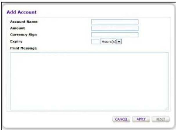 Add Account Account Name Amount Currency Sign Expiry Hours(s) Print Message CANCEL APPLY RESET