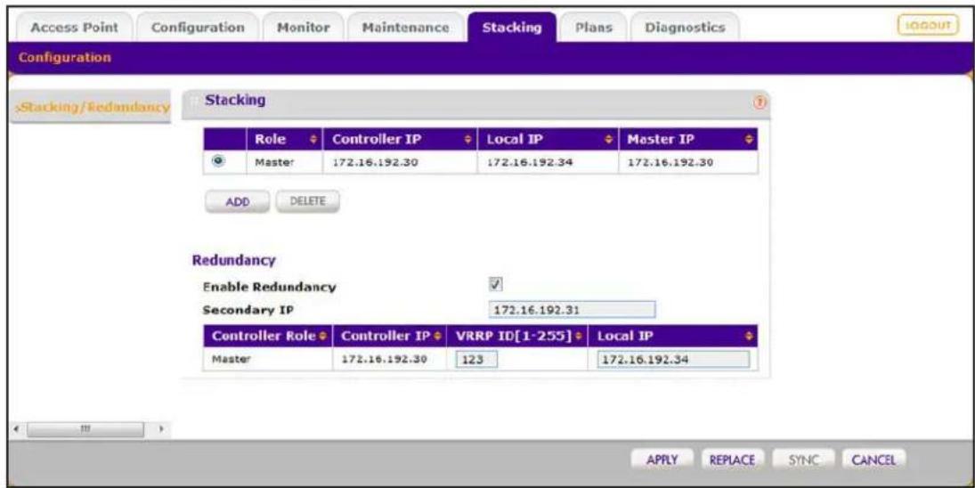 Access Point Configuration Monitor Maintenance Stacking Plans Diagnostics Configuration Stacking/Redundancy Stacking Role Controller IP Local IP Master IP Master 172.16.192.30 172.16.192.34 172.16.192.30 ADD DELETE Redundancy Enable Redundancy Secondary IP 172.16.192.31 Controller Role Controller IP VRRP ID[1-255] Local IP Master 172.16.192.30 123 172.16.192.34 APPLY REPLACE SYNC CANCEL