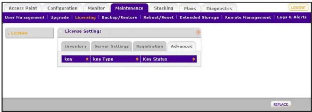 Access Point Configuration Monitor Maintenance Stacking Plans Diagnostics User Management Upgrade Licensing Backup/Restore Reboot/Reset Extended Storage Remote Management Logs & Alerts License License Settings Inventory Server Settings Registration Advanced key Key Type Key Status REPLACE