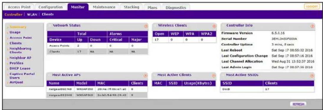 Access Point Configuration Manager Maintenance Stacking Plans Diagnostics Controller | WLAN | Clients Summary Usage Access Point Clients Neighboring Clients Neighbor AP Profiles DHCP Lease Captive Portal Users AirQual Network Status Device Total Up Down Critical Major Access Points 2 0 0 0 Clients 17 NA NA NA Most Active APs Name Model MAC Clients netges@061748 WNSAP350 2019e:7F:06:e7:a0 8 netges@092649 WNSAP350 2019b:15d:98:19:40 9 Wireless Clients Open WEP WPA WPA2 17 0 0 0 Controller Info Firmware Version 6.5.6.16 Serial Number JEML345F000A Controller Uptime 3 mins, 8 secs Last Reboot Sat Sep 17 08:55:12 2016 Last Configuration Change Sat Sep 17 08:57:16 2016 Last Channel Allocation Wed Aug 31 13:52:37 2016 Last Admin Login Sat Sep 17 08:57:36 2016 Most Active Clients MAC SSID Usage(KBytes) Most Active SSIDs SSID Clients DocB 17 REFRESH