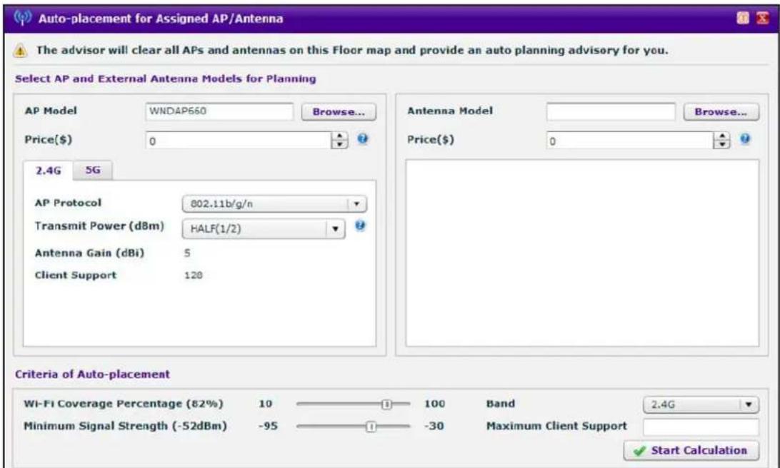 Auto-placement for Assigned AP/Antenna The advisor will clear all APs and antennas on this Floor map and provide an auto planning advisory for you. Select AP and External Antenna Models for Planning AP Model WNDAP660 Browse... Price($) 0 2.4G 5G AP Protocol 802.11b/g/n Transmit Power (dBm) HALF(1/2) Antenna Gain (dBi) 5 Client Support 120 Antenna Model Browse... Price($) 0 Criteria of Auto-placement Wi-Fi Coverage Percentage (82%) 10 100 Band 2.4G Minimum Signal Strength (-52dBm) -95 -30 Maximum Client Support Start Calculation