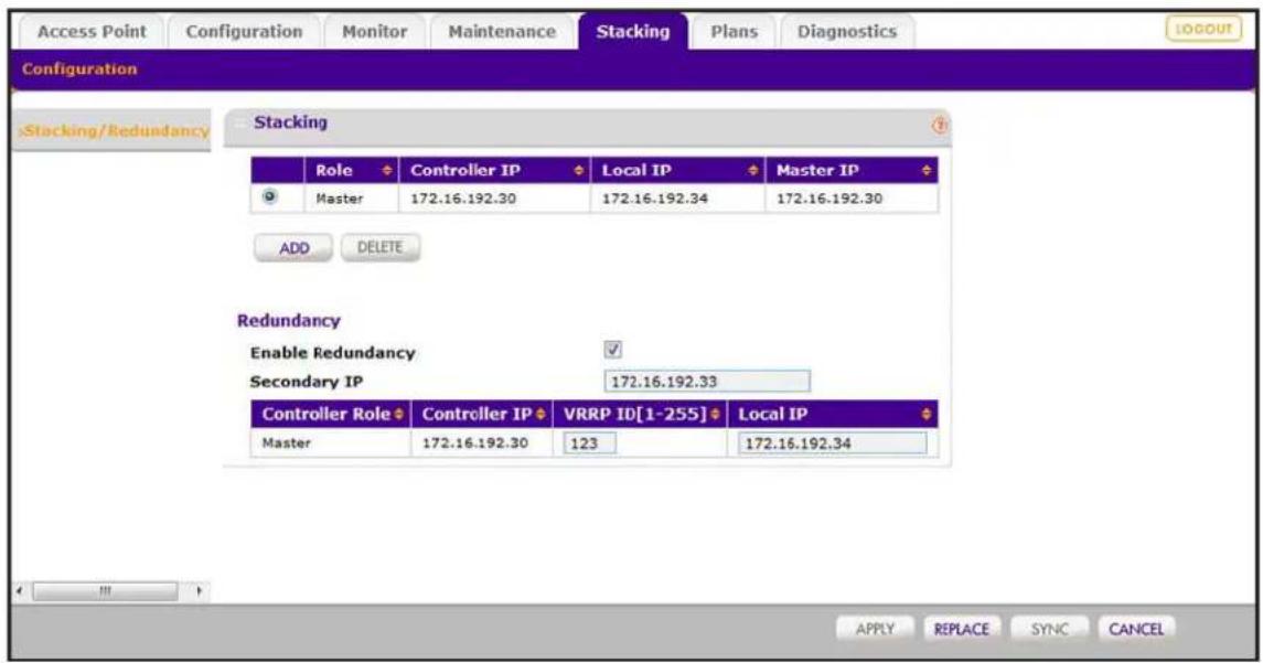 Access Point Configuration Monitor Maintenance Stacking Plans Diagnostics Configuration Stacking/Redundancy Stacking Role Controller IP Local IP Master IP Master 172.16.192.30 172.16.192.34 172.16.192.30 ADD DELETE Redundancy Enable Redundancy ✓ Secondary IP 172.16.192.33 Controller Role Controller IP VRRP ID[1-255] Local IP Master 172.16.192.30 123 172.16.192.34 APPLY REPLACE SYNC CANCEL