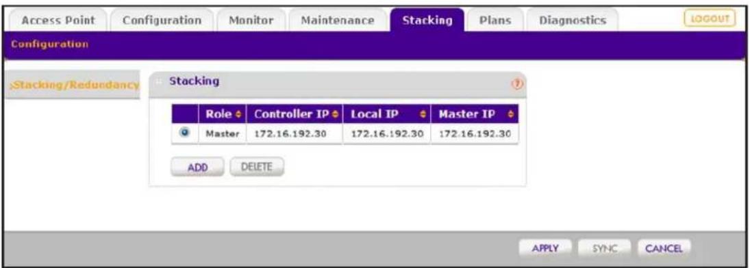 Access Point Configuration Monitor Maintenance Stacking Plans Diagnostics Configuration Stacking/Redundancy Stacking Role Controller IP Local IP Master IP Master 172.16.192.30 172.16.192.30 172.16.192.30 ADD DELETE APPLY SYNC CANCEL
