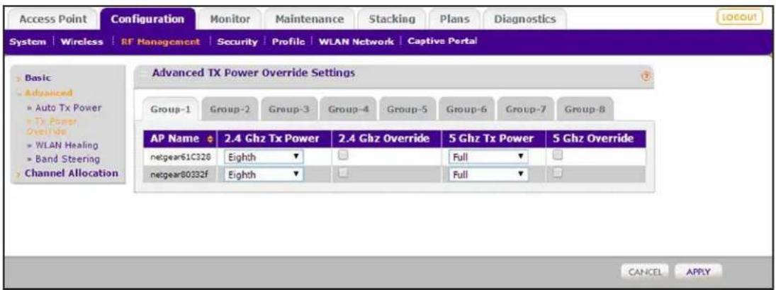 Access Point Configuration Monitor Maintenance Stacking Plans Diagnostics System | Wireless | RF Management | Security | Profile | WLAN Network | Captive Portal Advanced TX Power Override Settings Group-1 | Group-2 | Group-3 | Group-4 | Group-5 | Group-6 | Group-7 | Group-8 AP Name 2.4 Ghz Tx Power 2.4 Ghz Override 5 Ghz Tx Power 5 Ghz Override netgear61C328 Eighth Full netgear80332f Eighth Full CANCEL APPLY