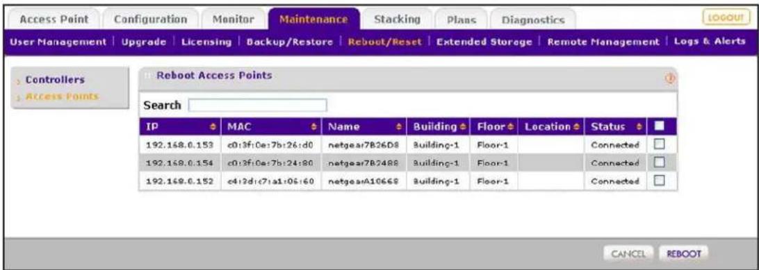 Access Point Configuration Monitor Maintenance Stacking Plans Diagnostics User Management Upgrade Licensing Backup/Restore Reboot/Reset Extended Storage Remote Management Logs & Alerts Controllers Access Points Reboot Access Points Search IP MAC Name Building Floor Location Status 192.168.0.153 c0:3f:0e:7b:26:d0 netgear7B26D8 Building-1 Floor-1 Connected 192.168.0.154 c0:3f:0e:7b:24:80 netgear7B2488 Building-1 Floor-1 Connected 192.168.0.152 c4:2d:c7:a1:06:60 netgearA10668 Building-1 Floor-1 Connected CANCEL REBOOT