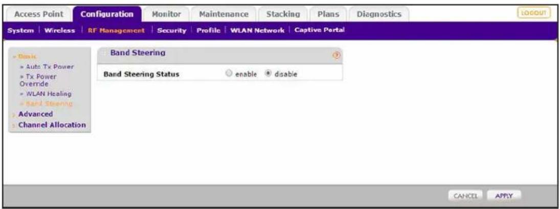 Access Point Configuration Monitor Maintenance Stacking Plans Diagnostics System | Wireless | RF Management | Security | Profile | WLAN Network | Captive Portal Band Steering Band Steering Status enable disable Advanced Channel Allocation CANCEL APPLY
