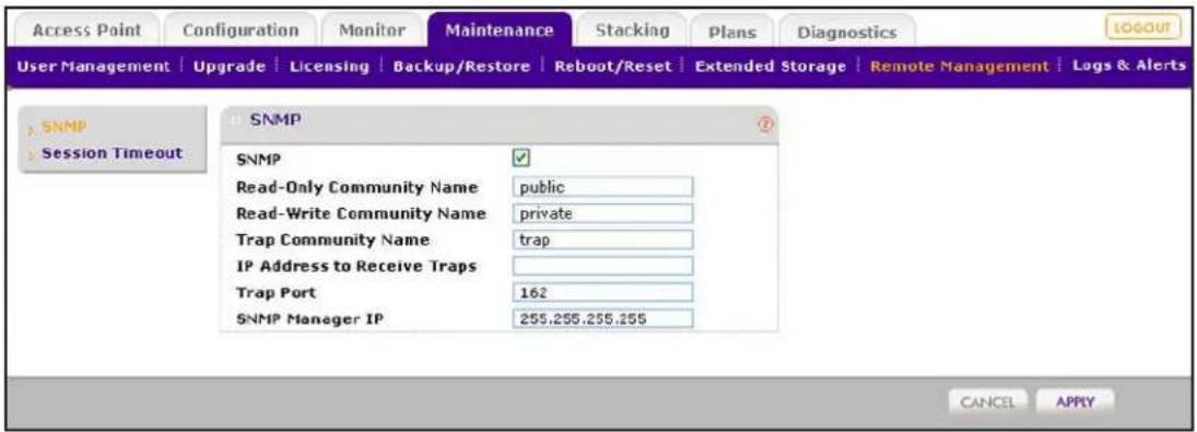 SNMP Session Timeout SNMP Read-Only Community Name public Read-Write Community Name private Trap Community Name trap IP Address to Receive Traps Trap Port 162 SNMP Manager IP 255,255,255,255 CANCEL APPLY