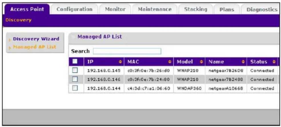 Access Point Configuration Monitor Maintenance Stacking Plans Diagnostics Discovery Discovery Wizard Managed AP List Managed AP List Search IP MAC Model Name Status 192.168.0.145 c0:3f:0e:7b:26:d0 WNAP210 netgear7B26D8 Connected 192.168.0.146 c0:3f:0e:7b:24:80 WNAP210 netgear7B2488 Connected 192.168.0.144 c4:3d:c7:a1:06:60 WNDAP360 netgearA10668 Connected