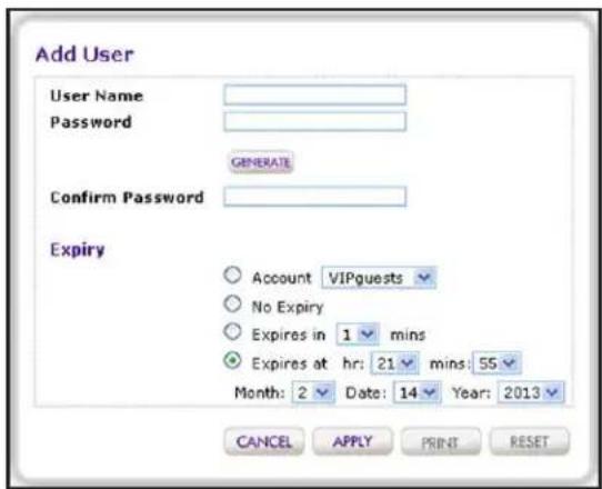 Add User User Name Password GENERATE Confirm Password Expiry Account VIPguests No Expiry Expires in 1 mins Expires at hr: 21 mins: 55 Month: 2 Date: 14 Year: 2013 CANCEL APPLY PRINT RESET