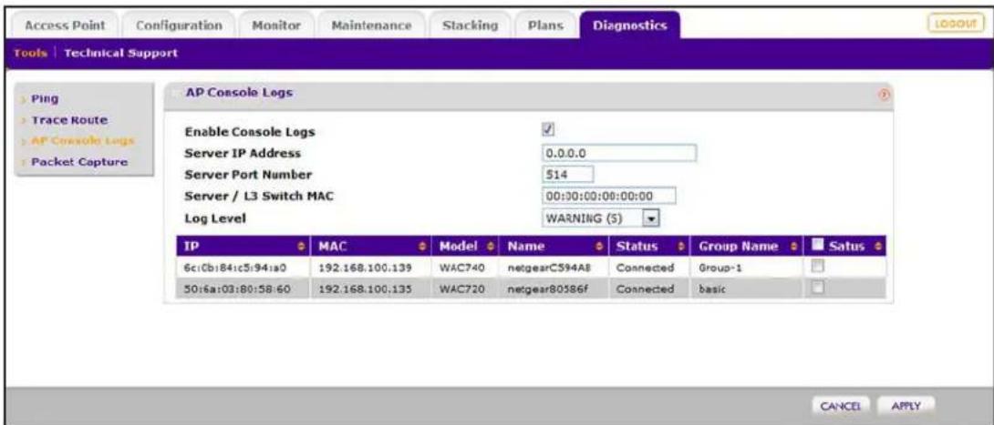 Access Point Configuration Monitor Maintenance Stacking Plans Diagnostics Tools | Technical Support AP Console Logs Enable Console Logs Server IP Address 0.0.0.0 Server Port Number 514 Server / L3 Switch MAC 00:00:00:00:00:00 Log Level WARNING (S) IP MAC Model Name Status Group Name Satus 6c16b1841c51941a0 192.168.100.139 WAC740 PaclearCS94A8 Connected Group-1 5016a103:80:58:60 192.168.100.135 WAC720 Paclear80186f Connected basic CANCEL APPLY