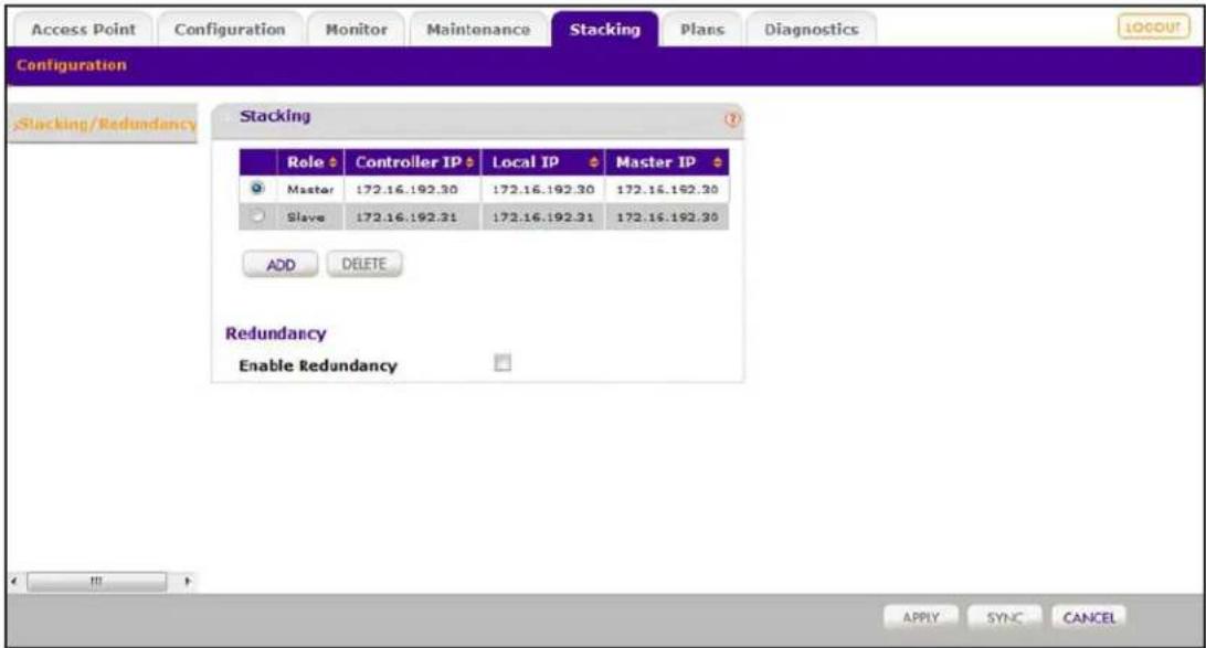 Access Point Configuration Monitor Maintenance Stacking Plans Diagnostics Configuration Stacking/Redundancy Stacking Role Controller IP Local IP Master IP Master 172.16.192.30 172.16.192.30 172.16.192.30 Slave 172.16.192.31 172.16.192.31 172.16.192.30 ADD DELETE Redundancy Enable Redundancy APPY SYNC CANCEL