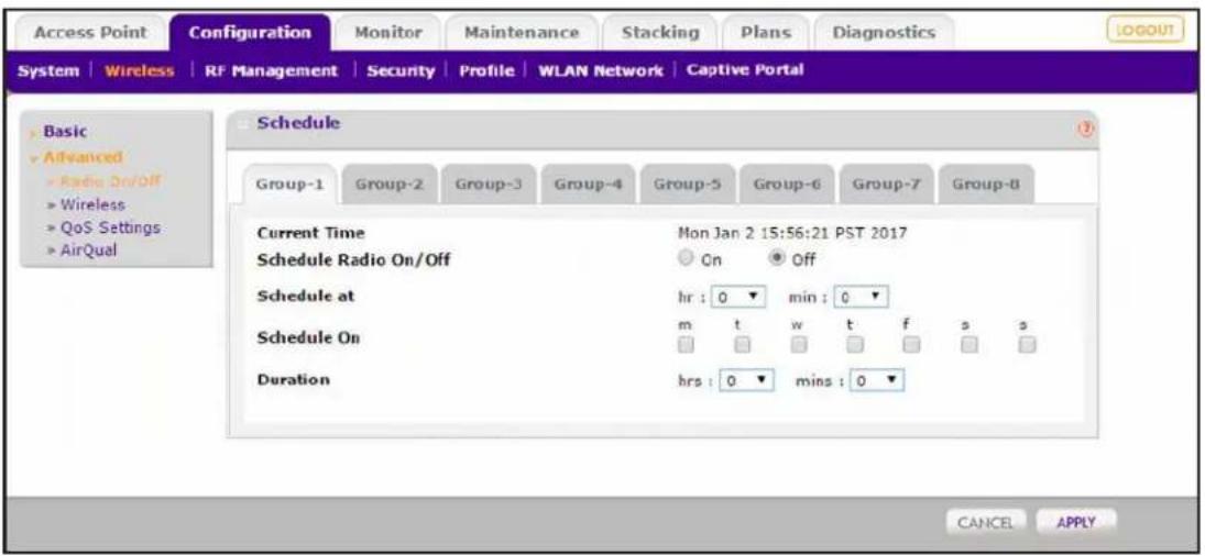 Access Point Configuration Monitor Maintenance Stacking Plans Diagnostics LOGOUT System | Wireless | RF Management | Security | Profile | WLAN Network | Captive Portal Schedule Group-1 | Group-2 | Group-3 | Group-4 | Group-5 | Group-6 | Group-7 | Group-8 Current Time Mon Jan 2 15:56:21 PST 2017 Schedule Radio On/Off On Off Schedule at hr : 0 min : 0 Schedule On m t w t f s s Duration hrs : 0 mins : 0 CANCEL APPLY