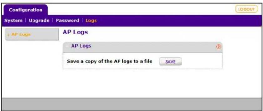 Configuration System | Upgrade | Password | Logs AP Logs AP Logs Save a copy of the AP logs to a file SAVE