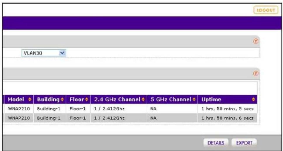 LOGOUT VLAN30 Model Building Floor 2.4 GHz Channel 5 GHz Channel Uptime WNAP210 Building-1 Floor-1 1 / 2.412Ghz NA 1 hrs, 58 mins, 5 secs WNAP210 Building-1 Floor-1 1 / 2.412Ghz NA 1 hrs, 58 mins, 6 secs DETAILS EXPORT
