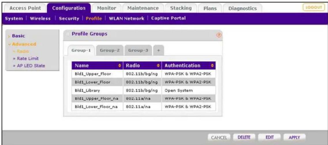 Access Point Configuration Monitor Maintenance Stacking Plans Diagnostics LOGOUT System | Wireless | Security | Profile | WLAN Network | Captive Portal Profile Groups Group-1 Group-2 Group-3 + Name Radio Authentication Bld1_Upper_Floor 802.11b/bg/ng WPA-PSK & WPA2-PSK Bld1_Lover_Floor 802.11b/bg/ng WPA-PSK & WPA2-PSK Bld1_Library 802.11b/bg/ng Open System Bld1_Upper_Floor_na 802.11a/na WPA-PSK & WPA2-PSK Bld1_Lower_Floor_na 802.11a/na WPA-PSK & WPA2-PSK CANCEL DELETE EDIT APPLY
