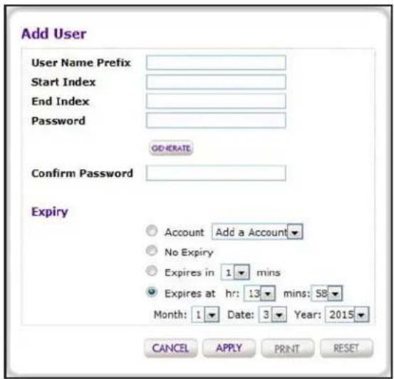 Add User User Name Prefix Start Index End Index Password GENERATE Confirm Password Expiry Account Add a Account No Expiry Expires in 1 mins Expires at hr: 13 mins: 58 Month: 1 Date: 3 Year: 2015 CANCEL APPLY PRINT RESET