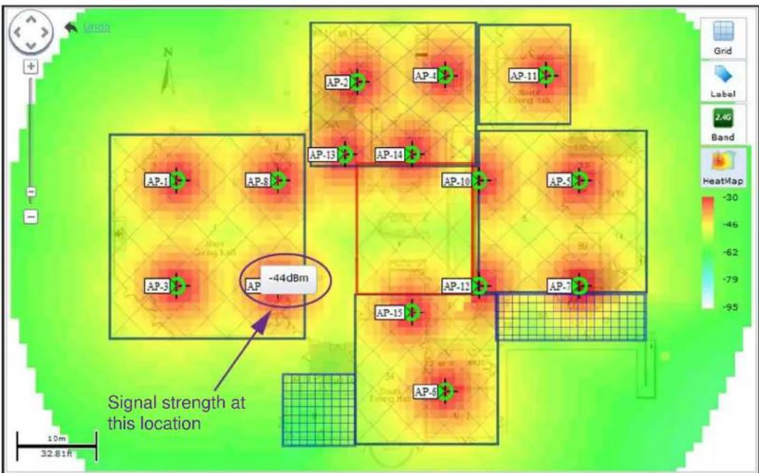 Signal strength at this location -44dBm AP-1 AP-3 AP-5 AP-2 AP-4 AP-11 AP-13 AP-14 AP-10 AP-5 AP-12 AP-7 AP-13 AP-6 10m 32.81A Grid Label 2.4G Band HeatMap -30 -46 -62 -79 -95