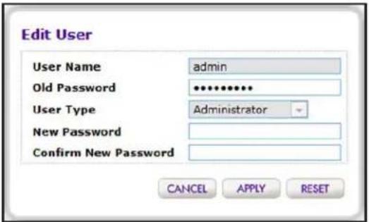 Edit User User Name admin Old Password •••••••••• User Type Administrator New Password Confirm New Password CANCEL APPLY RESET