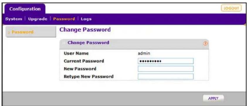 Configuration System | Upgrade | Password | Logs Password Change Password Change Password User Name admin Current Password ••••••••••• New Password Retype New Password APPLY