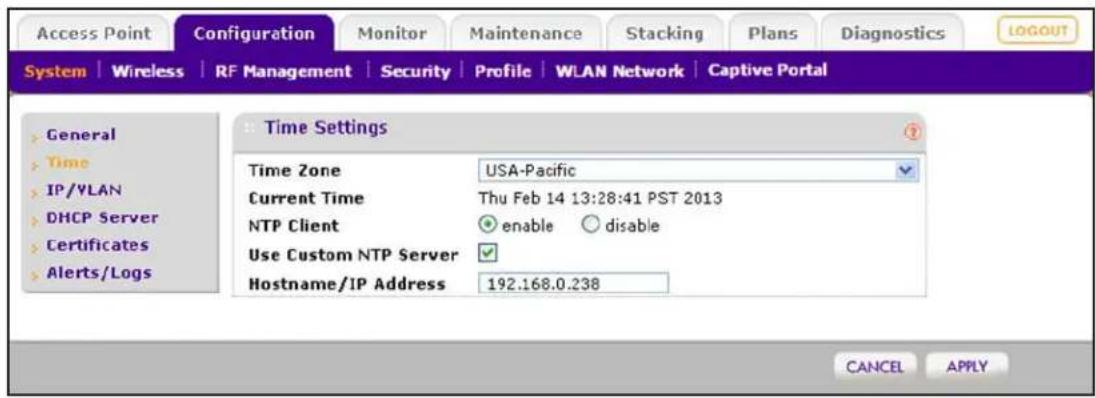 Access Point Configuration Monitor Maintenance Stacking Plans Diagnostics LOGOUT System | Wireless | RF Management | Security | Profile | WLAN Network | Captive Portal Time Settings General Time IP/YLAN DHCP Server Certificates Alerts/Logs Time Zone USA-Pacific Current Time Thu Feb 14 13:28:41 PST 2013 NTP Client enable disable Use Custom NTP Server Hostname/IP Address 192.168.0.238 CANCEL APPLY