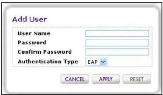 Add User User Name Password Confirm Password Authentication Type EAP CANCEL APPLY RESET
