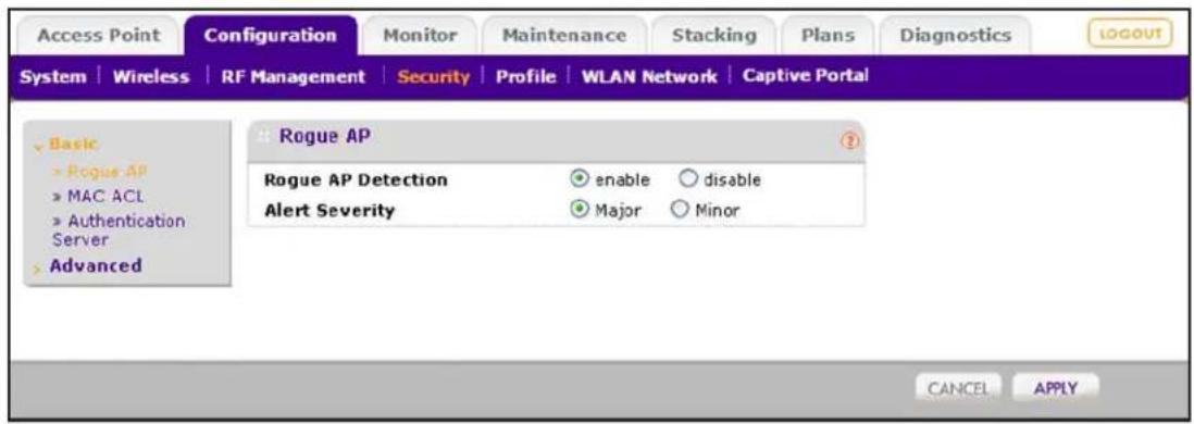 Access Point Configuration Monitor Maintenance Stacking Plans Diagnostics LOGOUT System | Wireless | RF Management | Security | Profile | WLAN Network | Captive Portal Basic ► Rogue AP ► MAC ACL ► Authentication Server ► Advanced Rogue AP Rogue AP Detection ● enable ○ disable Alert Severity ● Major ○ Minor CANCEL APPLY
