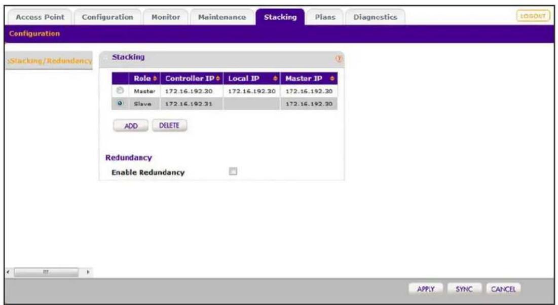 Access Point Configuration Monitor Maintenance Stacking Plans Diagnostics Configuration Stacking/Redundancy Stacking Role Controller IP Local IP Master IP Master 172.16.192.30 172.16.192.30 172.16.192.30 Slave 172.16.192.31 172.16.192.30 ADD DELETE Redundancy Enable Redundancy APPLY SYNC CANCEL